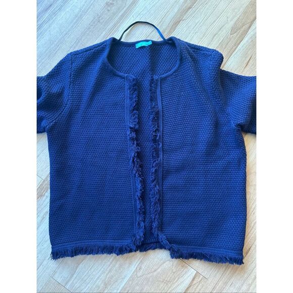 J. McLaughlin Bright Navy Open Front Mayfair Cardigan w Fringe Trim - Picture 4 of 8